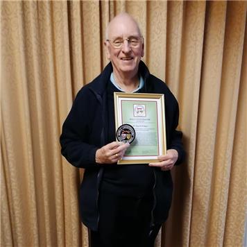 Roy with Badge and framed certificate.  - Life Membership of Bowls Leicestershire.